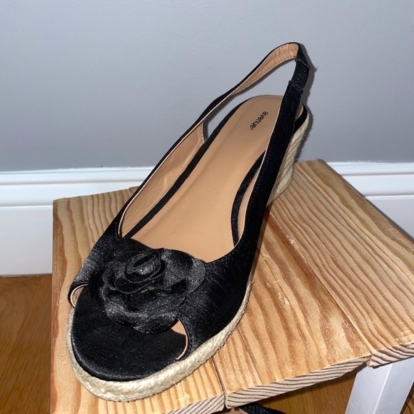 Black Satin Open Toed Wedges - Picture 3 of 7